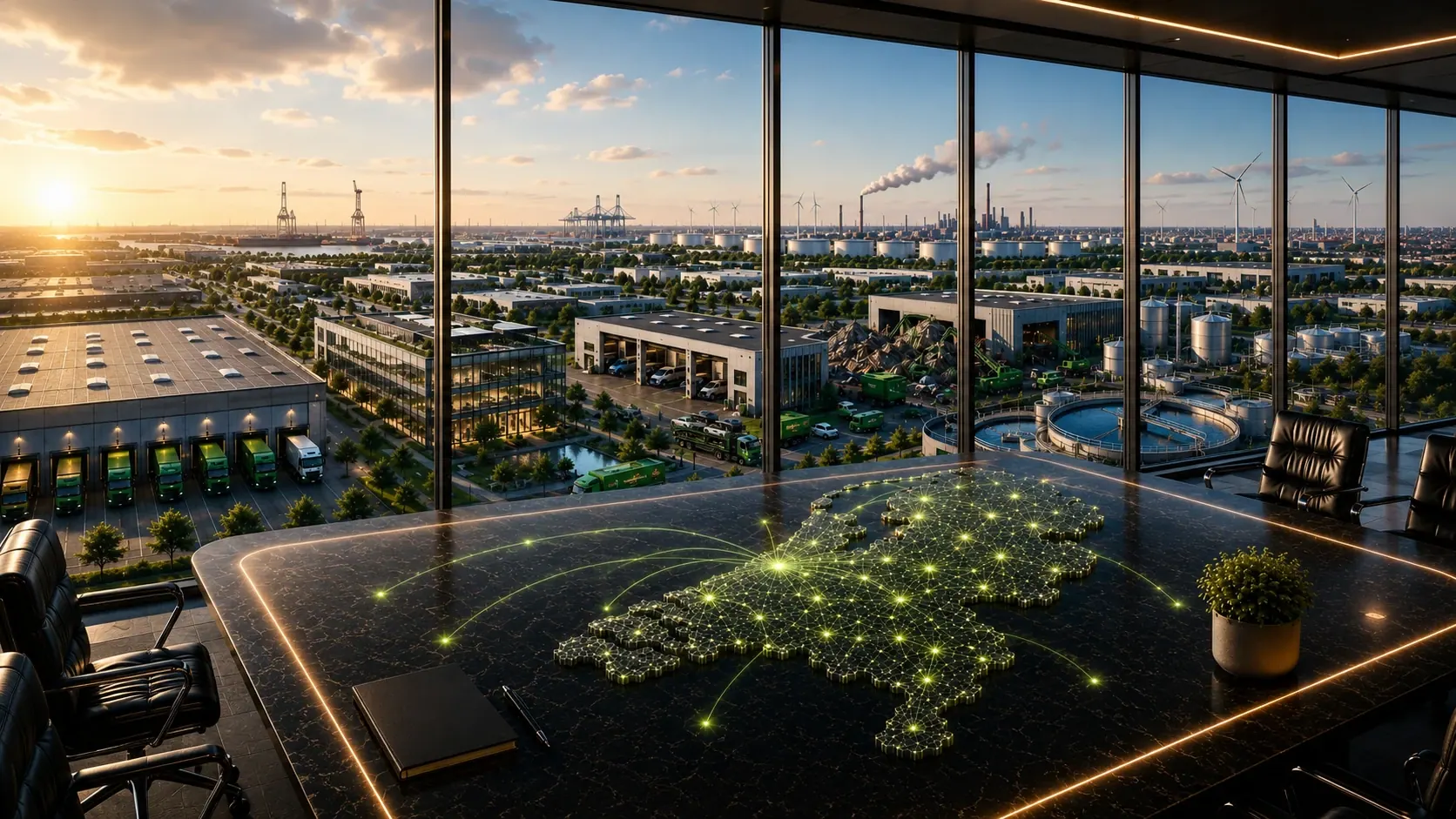 Uitzicht vanuit een modern kantoor over een haven- en industriegebied met groene afvalinzamelingsvrachtwagens en een waterzuiveringsinstallatie; op het bureau een verlicht groen netwerk in de vorm van Nederland