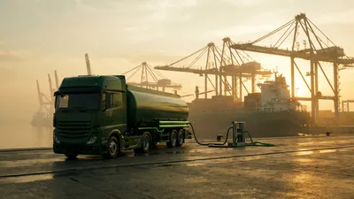 Inzameling van afgewerkte olie met een tankwagen in de haven van Rotterdam